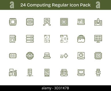 Ein vielseitiger Satz von 24 Vektorsymbolen für normale Konturen mit Schwerpunkt auf Computeranwendungen, ideal für mobile Anwendungen und Webanwendungen. Stock Vektor