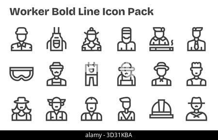 Kuratiertes Paket mit 18 Vektorsymbolen im Bold Line Design, das sich um Worker-Konzepte dreht. Stock Vektor