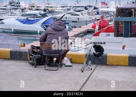 Sotschi, Russland - 15. Februar 2025: Der Blick auf fischer, der auf dem Pier des großen Yachthafens sitzt und eine Katze auf den Fang wartet. Seehafen von Sotschi. Krasnodar Kr Stockfoto