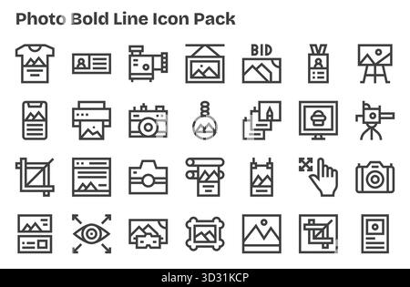 Diese Kollektion enthält 28 Symbole im Stil Extra Bold Line, die speziell auf das Thema Foto zugeschnitten sind und sich hervorragend für digitales Design eignen. Stock Vektor