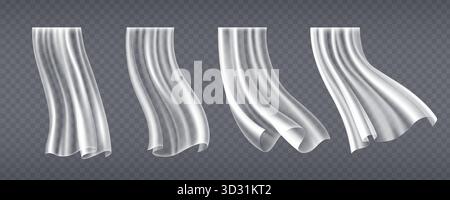 Fließendes Fenster-Vorhangtuch-Set mit realistischen Stofffalten. Schwungvolle weiße, transparente Vorhänge, transparentes, leichtes Textil, das im Wind oder im Wind weht, für Innendekoration und Wohndesign. Stock Vektor