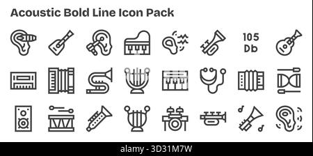 Ein vielseitiger Satz von Vektorsymbolen mit 24 fett formatierten Konturen, die auf akustische Akustik ausgerichtet sind, ideal für mobile und Web-Anwendungen. Stock Vektor
