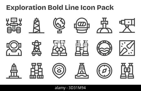 Eine übersichtliche Sammlung von 18 Bold Line Symbolen für Exploration, die für moderne Dashboards und Schnittstellen entwickelt wurden. Stock Vektor