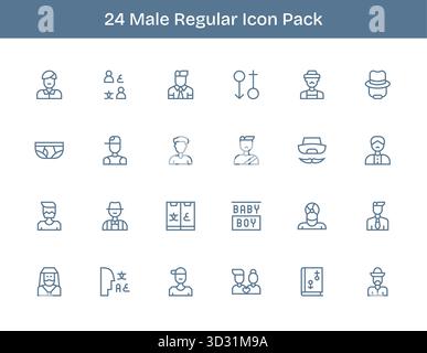 Ein dynamischer Satz von 24 Symbolen im regulären Outline-Stil, speziell für Männer und für digitale Produkte. Stock Vektor