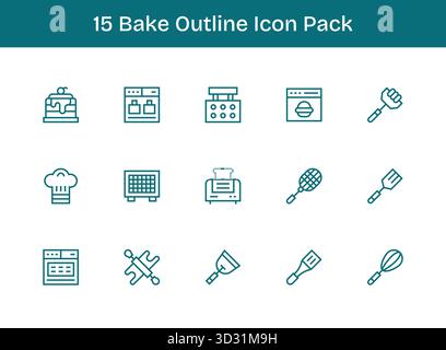 Ein vielseitiger Satz von 15 Konturvektorsymbolen mit Fokus auf Bake, ideal für mobile und Web-Anwendungen. Stock Vektor