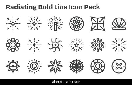 Entdecken Sie ein Set von 18 Bold Line Symbolen, die für das strahlende Design entwickelt wurden und ideal für moderne UI/UX-Projekte geeignet sind. Stock Vektor