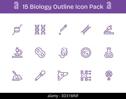 Eine übersichtliche Sammlung von 15 Outline-Symbolen für Biologie, die für moderne Dashboards und Schnittstellen entwickelt wurden. Stock Vektor