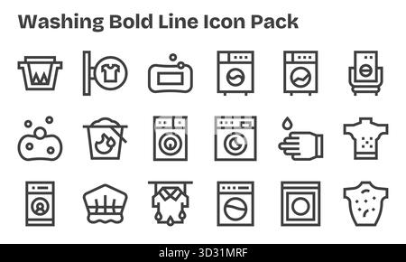 Kollektion von 18 Vektorsymbolen im Bold Line-Stil zum Waschen, für Klarheit und Vielseitigkeit. Stock Vektor
