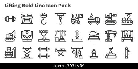 Ein vielseitiger Satz von 24 fett formatierten Vektorsymbolen zum Anheben, ideal für mobile und Web-Anwendungen. Stock Vektor