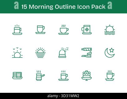 Ein vielseitiger Satz von 15 Konturvektorsymbolen mit Fokus auf den Morgen, ideal für mobile und Web-Anwendungen. Stock Vektor