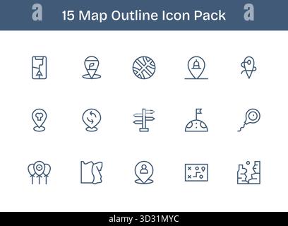 Set aus 15 Symbolen im Outline-Stil, die sich um die Karte drehen und für die nahtlose Integration in Apps und Websites konzipiert wurden. Stock Vektor