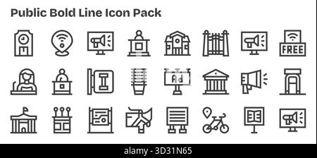 Ein vielseitiger Satz von Vektorsymbolen mit 24 fett formatierten Konturen für öffentliche Bereiche, ideal für mobile Anwendungen und Webanwendungen. Stock Vektor