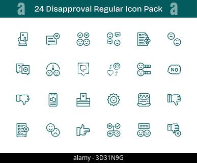 Ein vielseitiger Satz von 24 Vektorsymbolen mit normaler Kontur, die auf Missbilligung ausgerichtet sind, ideal für mobile und Web-Anwendungen. Stock Vektor