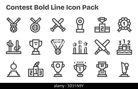 Professionell gestaltete 18 Symbole im Bold Line-Stil, die das Wesen des Contests für UI-Design widerspiegeln. Stock Vektor