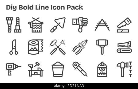 Diese Kollektion umfasst 18 Symbole im Stil der Bold Line, die speziell auf das DIY-Thema zugeschnitten sind und sich hervorragend für digitales Design eignen. Stock Vektor