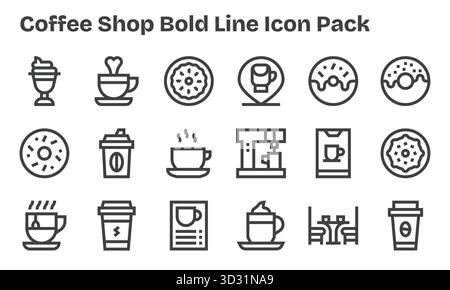 Sammlung von 18 Vektorsymbolen im Bold Line-Stil für Coffee Shop, die für Klarheit und Vielseitigkeit entwickelt wurden. Stock Vektor