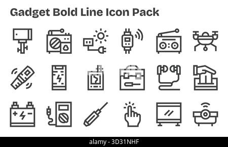 Ein vielseitiger Satz von 18 Vektorsymbolen mit Schwerpunkt auf Gadget, ideal für mobile und Web-Anwendungen. Stock Vektor