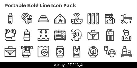 Vektorpaket mit 24 fett formatierten Kontursymbolen, inspiriert von Portable, ideal für skalierbare und kreative Designarbeiten. Stock Vektor