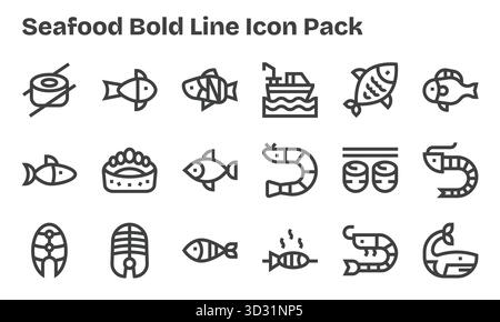 Ein vielseitiger Satz von 18 Bold Line Vektorsymbolen mit Schwerpunkt auf Meeresfrüchten, ideal für mobile und Web-Anwendungen. Stock Vektor