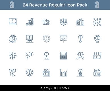 Diese Kollektion umfasst 24 Symbole im Stil der regulären Outline, die speziell auf das Thema „Einnahmen“ zugeschnitten sind und sich hervorragend für digitales Design eignen. Stock Vektor