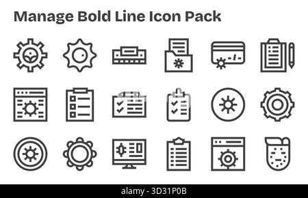 Entdecken Sie eine Reihe von 18 Symbolen mit fetten Linien, die speziell für das Thema Verwalten entwickelt wurden und sich ideal für moderne UI/UX-Projekte eignen. Stock Vektor
