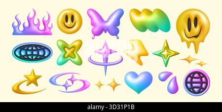 Bunte y2k-Symbole werden isoliert auf Hintergrund gesetzt. Vektor-realistische Illustration von holografischen 3D-Aufklebern unterschiedlicher Form, schillerndem Schmetterling, Stern, Herzaufklebern, Retro-Smiley und Planet-Emoji Stock Vektor