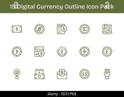 Set aus 15 Symbolen im Outline-Stil rund um digitale Währung, die für die nahtlose Integration in Apps und Websites entwickelt wurden. Stock Vektor