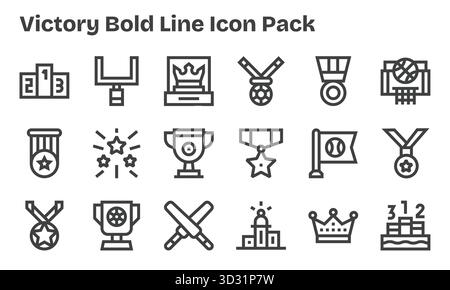 Eine übersichtliche Sammlung von 18 Bold Line Symbolen, die Victory repräsentieren und für moderne Dashboards und Schnittstellen entwickelt wurden. Stock Vektor