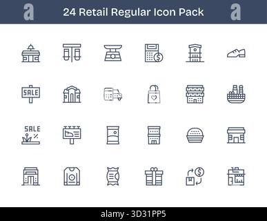 Ein vielseitiger Satz von 24 Vektorsymbolen mit normaler Kontur, die sich speziell auf den Einzelhandel konzentrieren und ideal für mobile und Web-Anwendungen geeignet sind. Stock Vektor