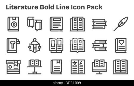 Entdecken Sie ein Set von 18 Bold Line Symbolen, die speziell für das Thema Literatur entwickelt wurden und sich ideal für moderne UI/UX-Projekte eignen. Stock Vektor