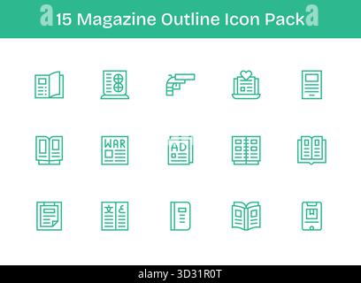Set aus 15 Symbolen im Outline-Stil, die sich um das Magazin drehen und für die nahtlose Integration in Apps und Websites konzipiert wurden. Stock Vektor