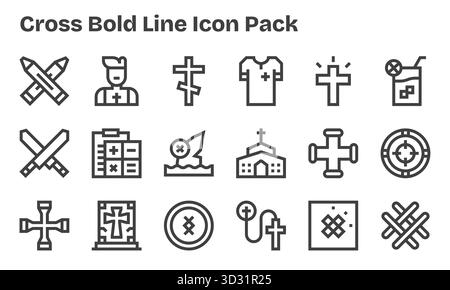 Ein vielseitiger Satz von 18 Vektorsymbolen mit Schwerpunkt auf Kreuz, ideal für mobile Anwendungen und Webanwendungen. Stock Vektor