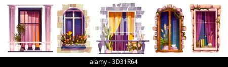 Dekorative Fensterläden mit Steinbögen, Balkonpflanzen und bunten Vorhängen für architektonische Gestaltung. Klassische Rahmen, Topfblumen und Bücher für Fassaden- oder Innenräume. Stock Vektor