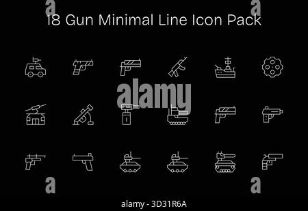 Kuratiertes Paket mit 18 Vektorsymbolen im Minimal Line Design, zentriert um Waffenkonzepte. Stock Vektor