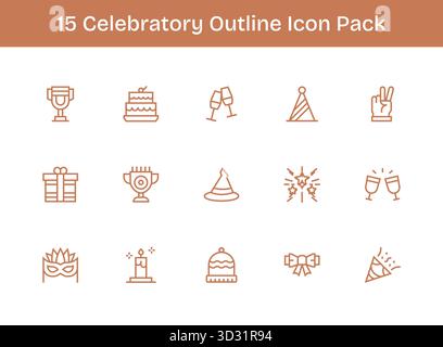 Ein vielseitiges Set von 15 Outline-Vektorsymbolen, die sich speziell auf Feiern konzentrieren und ideal für mobile und Web-Anwendungen geeignet sind. Stock Vektor