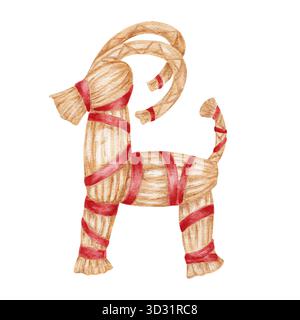Traditionelle Strohziege in rotem Band, handgezeichnete Aquarellillustration perfekt für skandinavische Weihnachtsdekoration, festliche Muster, Geschenkpapier und saisonale Postkarten Stockfoto