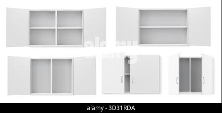 Weiße Küchenschrank Möbel Set mit offenen Türen und Regalfächern isoliert auf Hintergrund. Verschiedene modulare Staufächer im minimalistischen Stil für die Innenarchitektur. Leere Schrankelemente. Stock Vektor
