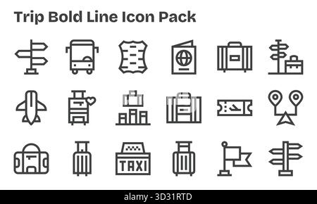 Entdecken Sie ein Set von 18 Symbolen mit fetten Linien, die speziell für das Thema „Trip“ entwickelt wurden und sich ideal für moderne UI/UX-Projekte eignen. Stock Vektor