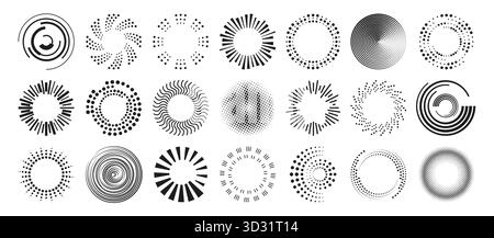 Abstrakte Rundmuster, die isoliert auf dem Hintergrund festgelegt werden. Vektor-Illustration von schwarzen Kreisen mit Punkten, Linien und Wellen, welligen Geräuschen oder Funksignalringen, radialem Vibrationseffekt, Epizentrum-Symbolen Stock Vektor