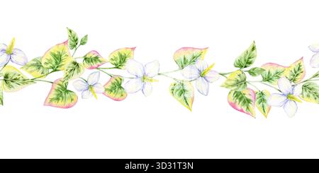 Handgezeichneter botanischer Rand aus Aquarellclipart mit rosa und grünen Blättern mit zarten Blüten. Perfekt für Grußkarten, Hochzeitsunterlagen, Seitenteiler und Produktetiketten Stockfoto
