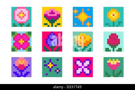 y2k-Kunstsammlung mit Pixelblume und 8-Bit-Spielsymbolen in leuchtenden Farben. Set aus Frühlingspflanzen - Rosen und Tulpen, Gänseblümchen und funkelnde Farben mit Retro-Spieleästhetik für nostalgische digitale Projekte Stock Vektor