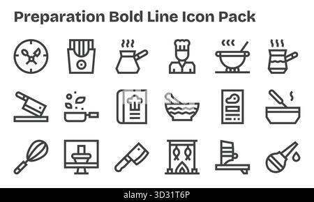 Entdecken Sie ein Set von 18 Bold Line Symbolen, die speziell für die Vorbereitung entwickelt wurden und ideal für moderne UI/UX-Projekte geeignet sind. Stock Vektor