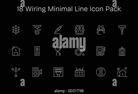 Laden Sie 18 skalierbare Minimal Line-Symbole herunter, die für die Verdrahtung entwickelt wurden und für professionelle und kreative Projekte geeignet sind. Stock Vektor