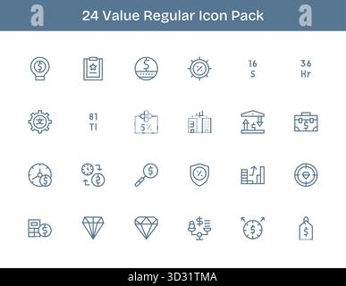 Ein vielseitiger Satz von 24 Vektorsymbolen mit normaler Kontur, die sich auf Wert konzentrieren und ideal für mobile und Web-Anwendungen geeignet sind. Stock Vektor