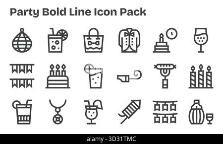 Ein vielseitiger Satz von 18 Vektorsymbolen mit fettgedruckten Linien, die sich auf Party konzentrieren, ideal für mobile Anwendungen und Webanwendungen. Stock Vektor