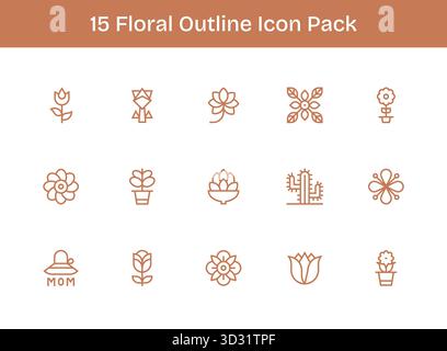 Ein dynamisches Set aus 15 Symbolen im Outline-Stil, speziell für Blumen und digitale Produkte. Stock Vektor