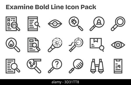 Eine übersichtliche Sammlung von 18 Symbolen mit fettgedruckten Linien, die Examination darstellen und für moderne Dashboards und Schnittstellen entwickelt wurden. Stock Vektor