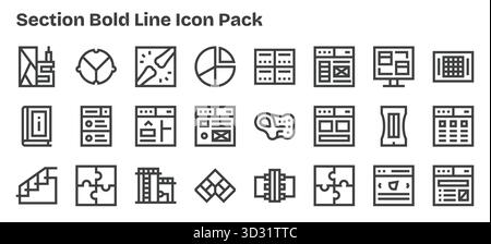 Ein vielseitiger Satz von 24 fett formatierten Vektorsymbolen, die auf Abschnitt ausgerichtet sind, ideal für mobile Anwendungen und Webanwendungen. Stock Vektor