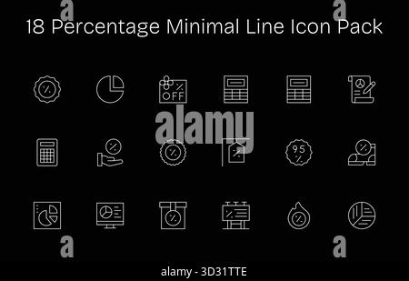 Kuratiertes Paket mit 18 Vektorsymbolen im Minimal Line Design, zentriert um Prozentkonzepte. Stock Vektor