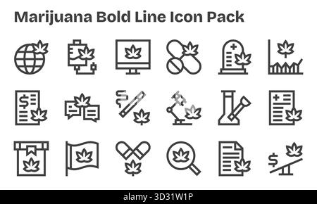 Eine übersichtliche Sammlung von 18 Bold Line Symbolen, die Marihuana repräsentieren und für moderne Dashboards und Schnittstellen entwickelt wurden. Stock Vektor